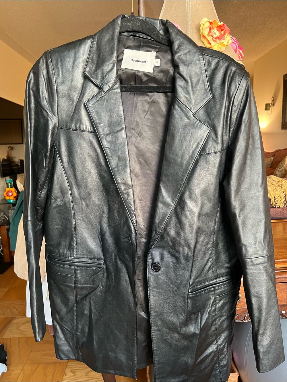 Deadwood Black 100% Lamb Leather Blazer Jacket - Classic Single-Button